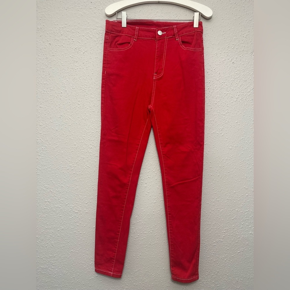 SHEIN Red Skinny Pants with Tapered Fit